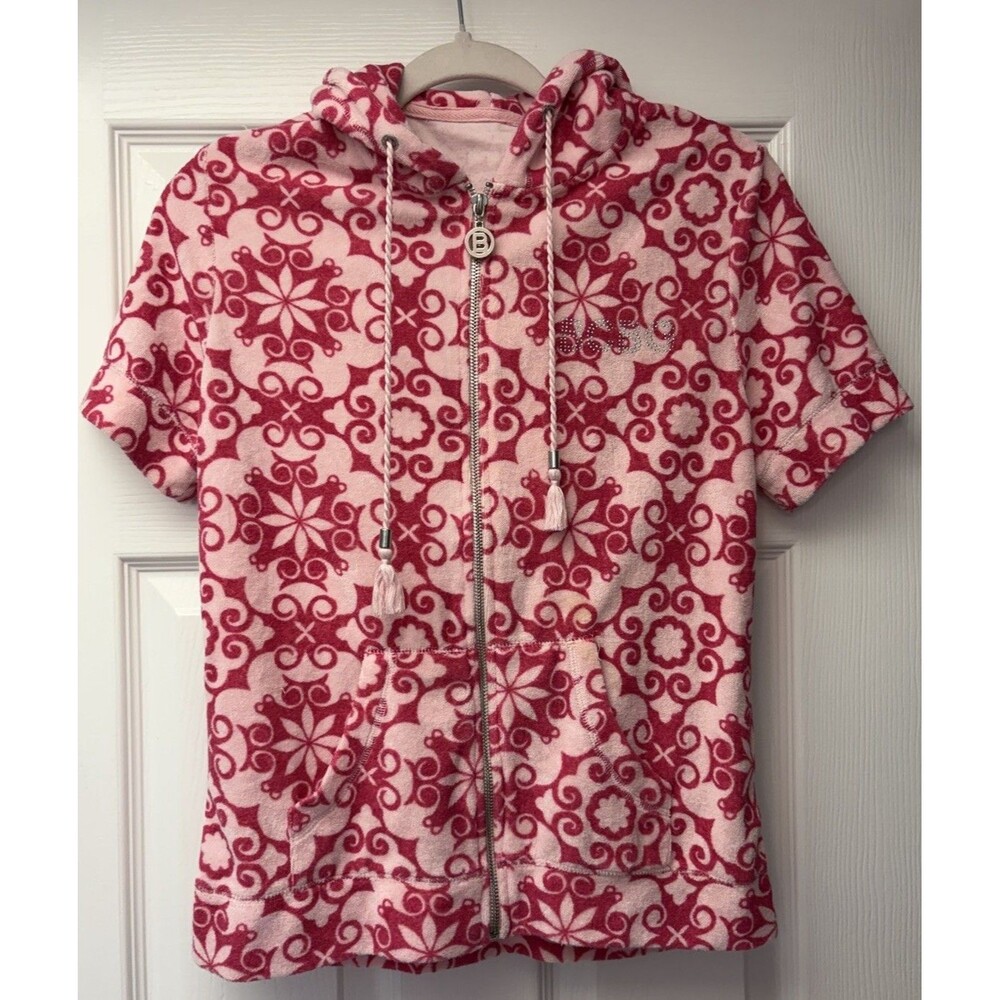 Vintage Girls Y2K BCBG Pink Geometric Damask Terry Cloth Hoodie Rhinestones M/L